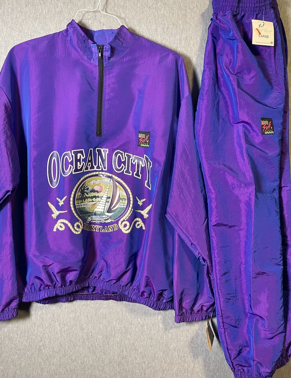 Vintage 80s 90s Surf Style Ocean City Maryland Iridescent Purple Tracksuit Set L